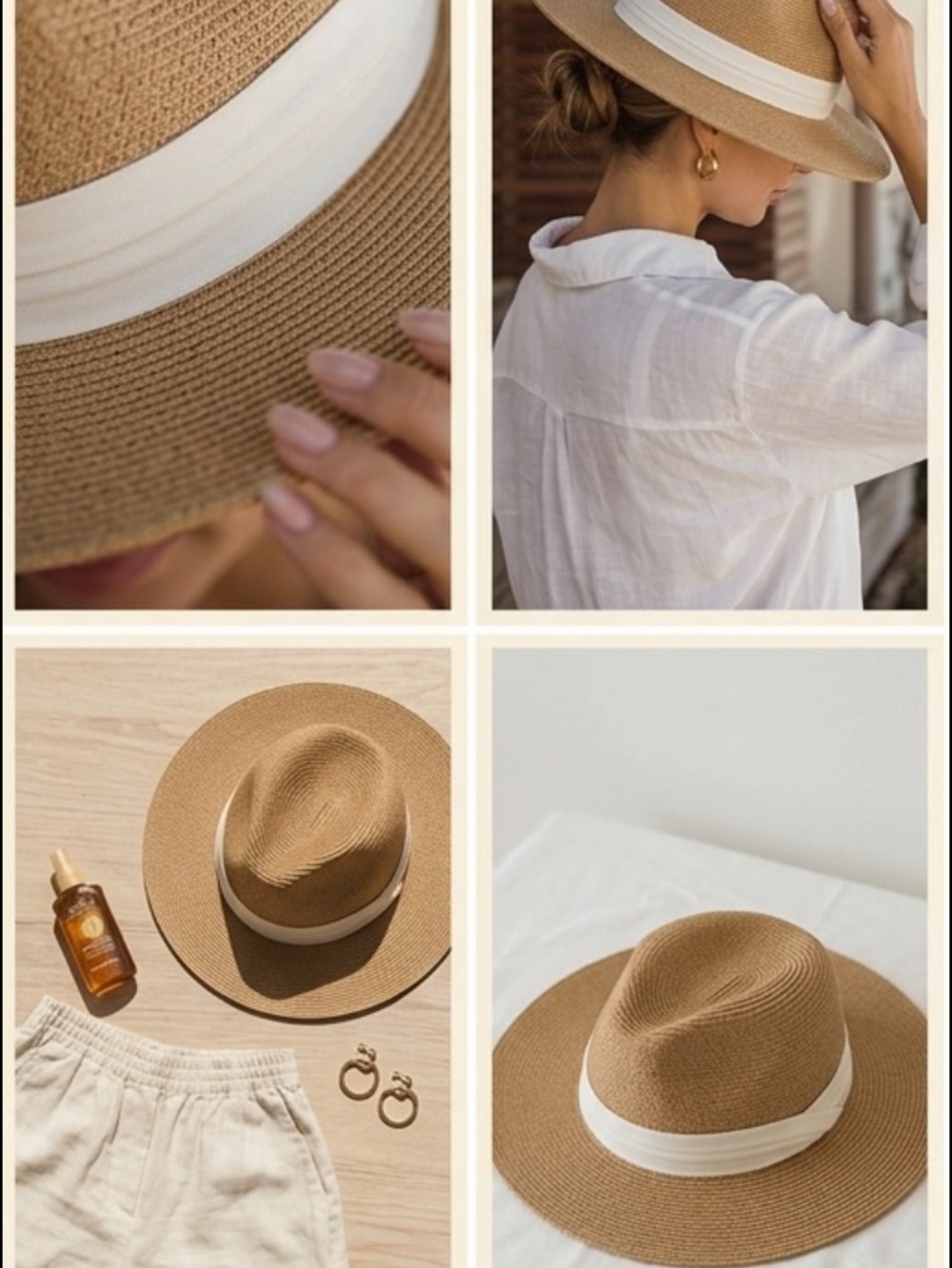 Tan Straw Fedora with White Band